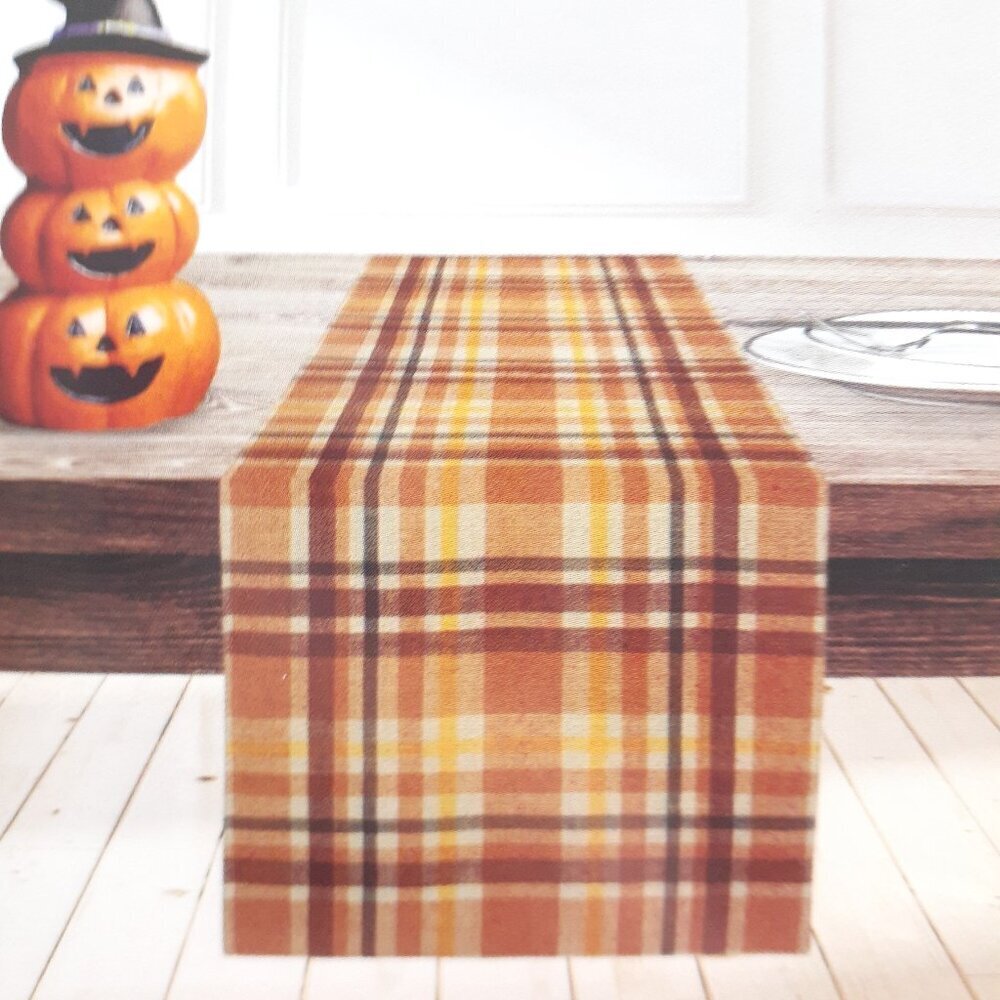 Fall Table Runner 14x72 Orange Brown Plaid Cotton